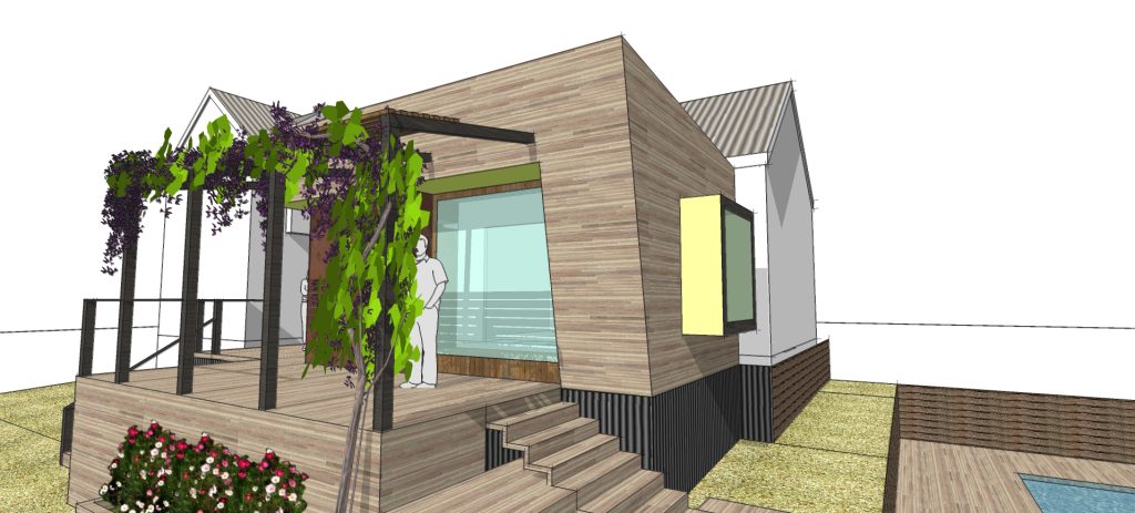 Modern wooden house with veranda and garden