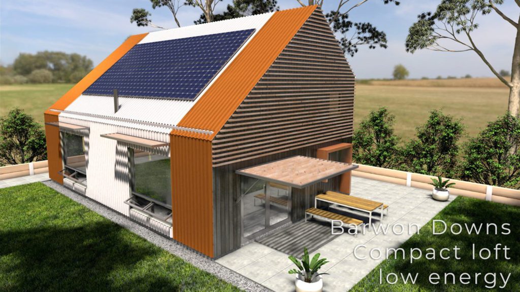 Eco-friendly house with solar panels and garden.