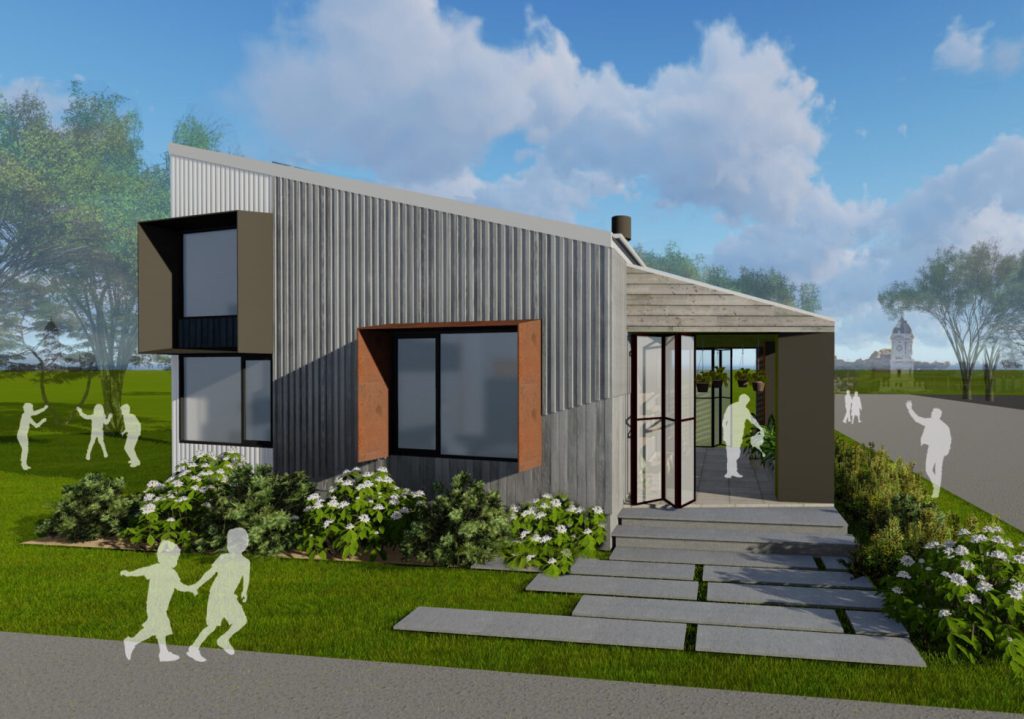 Contemporary house design with angular structure and garden path.