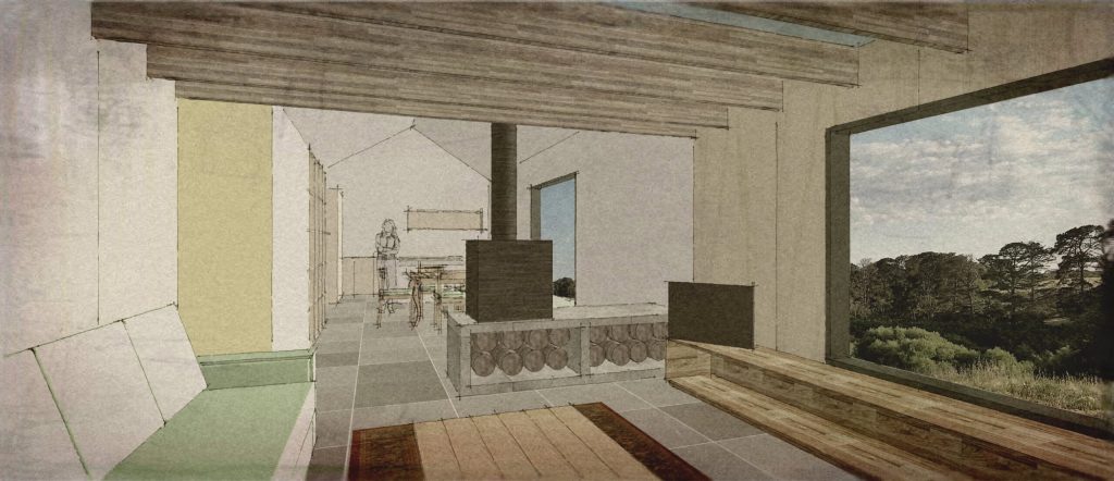 Rustic interior design with fireplace and large window.