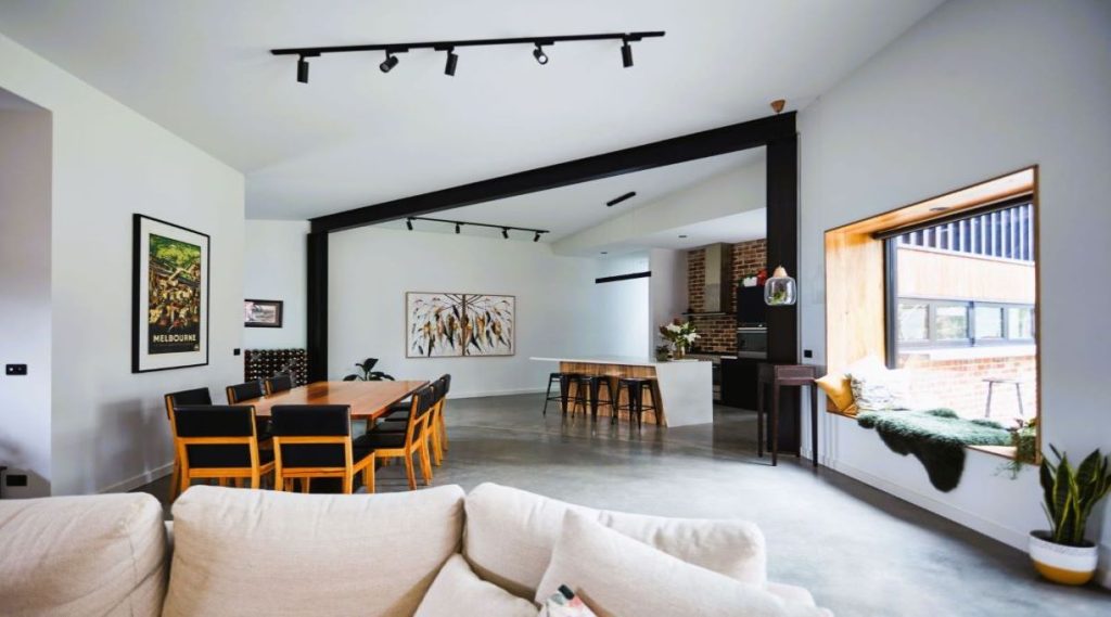 Spacious modern living room with kitchen island